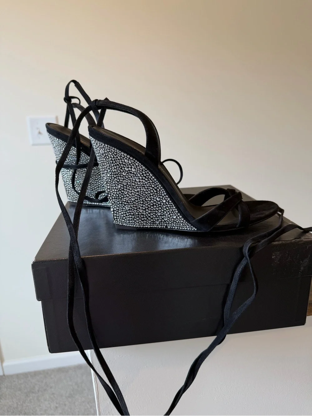GIUSEPPE ZANOTTI Black Crystal-Embellished Lace-Up Wedge Sandals